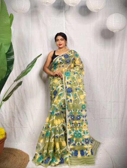 Elegant Floral Jamdani Style Soft Resham Saree with Running B.P.