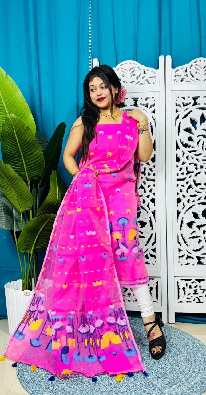 C Sunshine Floral Handloom Churidar Piece With Designer Dupatta - Image 1
