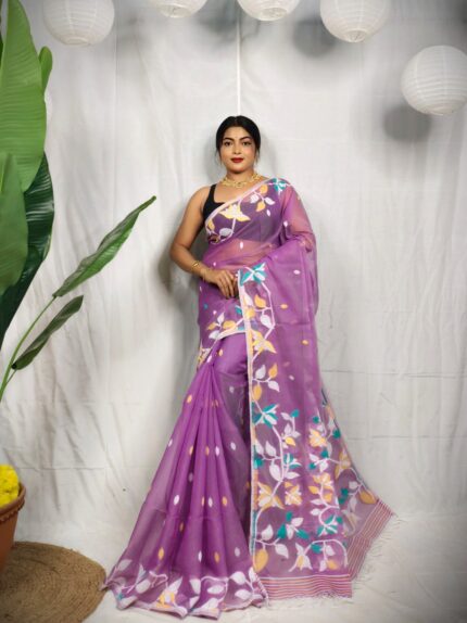 Floral Vine Weave Jamdani Saree in Soft Moslin With Running B.P.