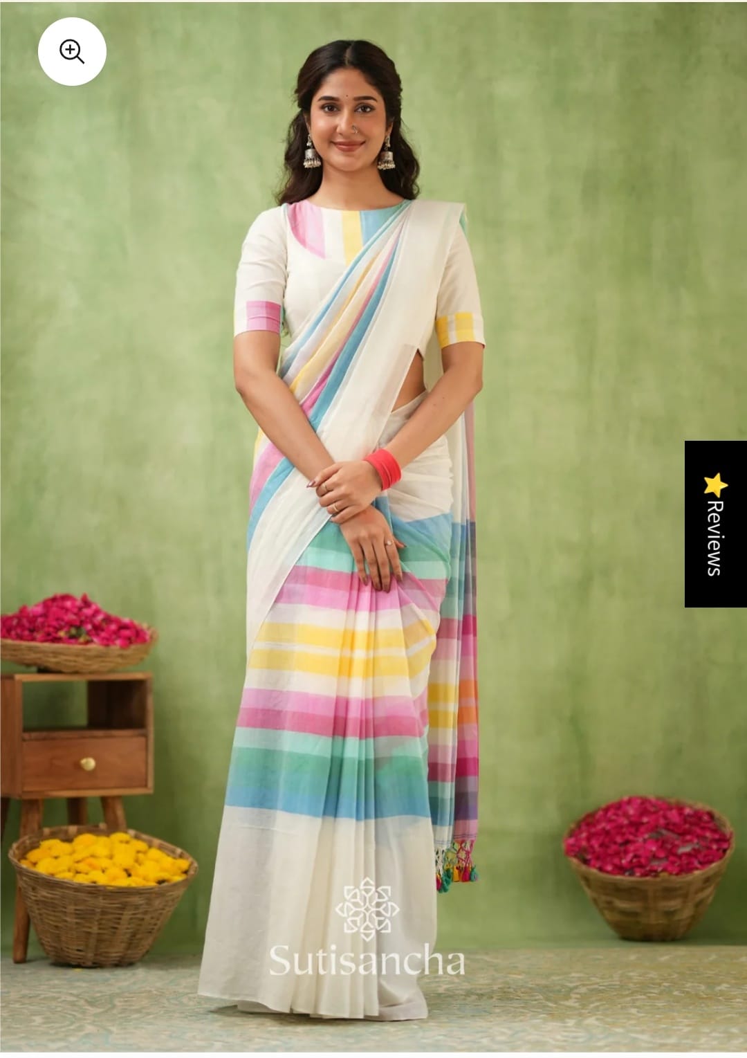 A Pastel Multicolor Checks Mul Cotton Saree With Designer Tassel Pallu. - Image 1